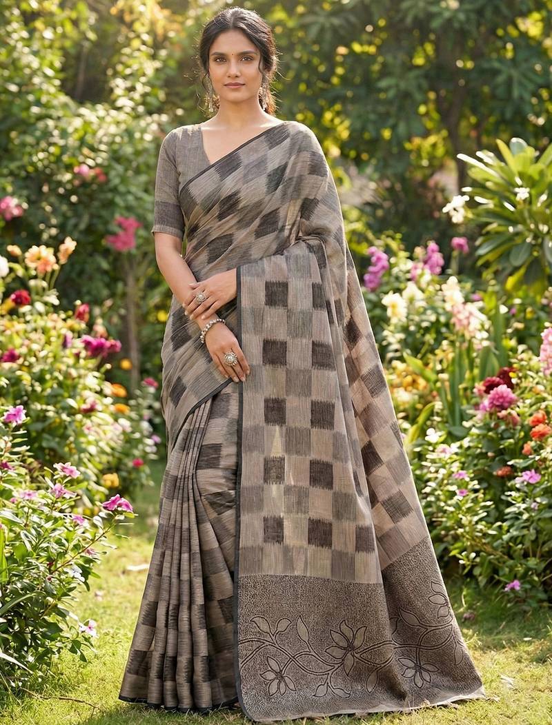 Women taupe & black checkered linen blend saree with floral pallu