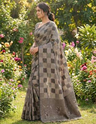 Women taupe & black checkered linen blend saree with floral pallu 2