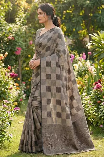 Women taupe & black checkered linen blend saree with floral pallu