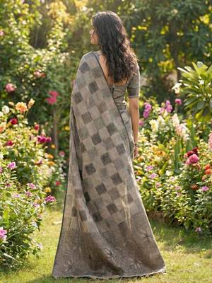 Women taupe & black checkered linen blend saree with floral pallu 3