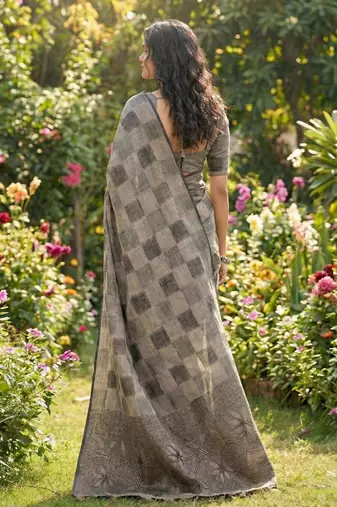 Women taupe & black checkered linen blend saree with floral pallu