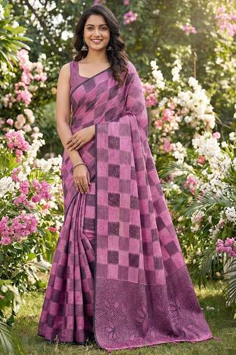 Women purple & pink checkered linen blend saree with floral pallu