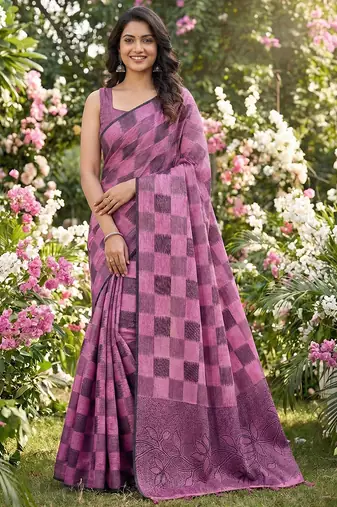 Women purple & pink checkered linen blend saree with floral pallu