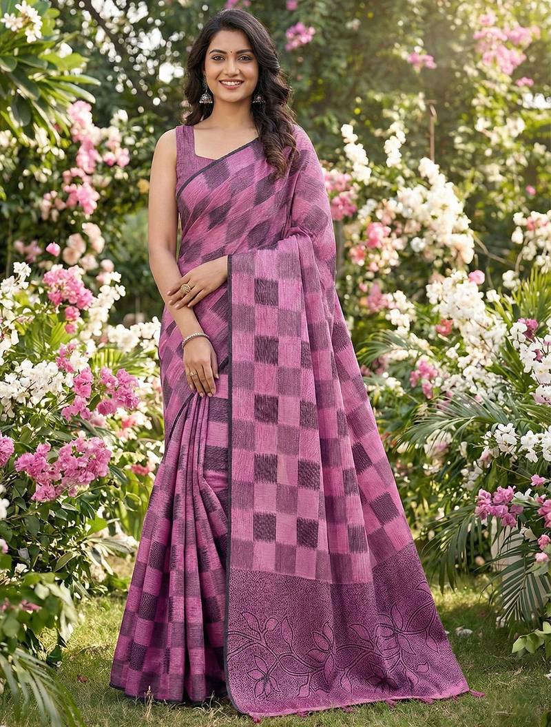 Women purple & pink checkered linen blend saree with floral pallu