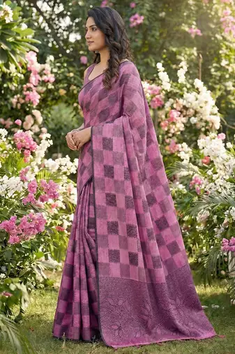 Women purple & pink checkered linen blend saree with floral pallu