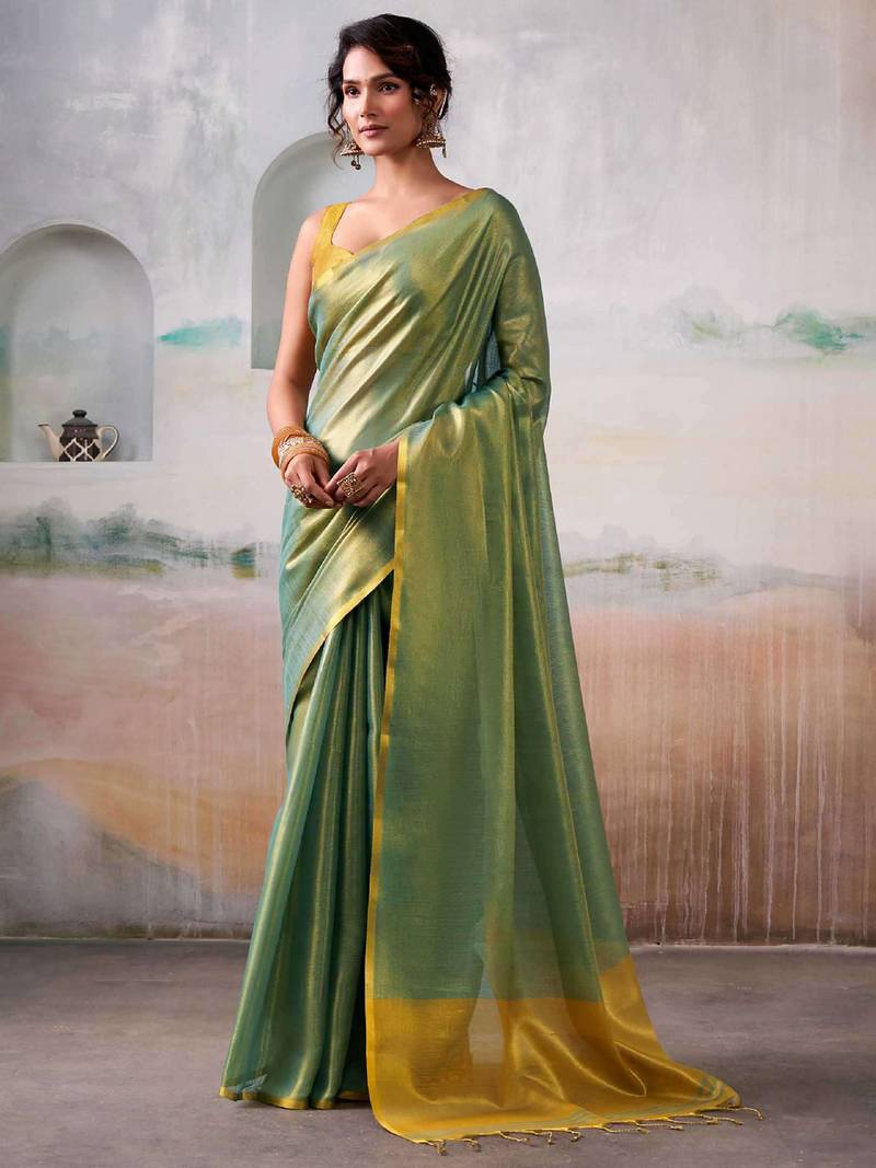 teal green & gold-toned solid tissue silk blend saree with zari border