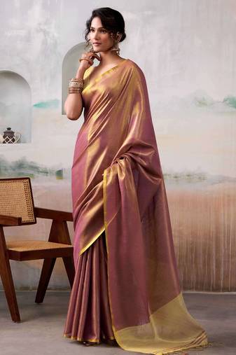 mauve purple & gold-toned solid tissue silk blend shimmer saree