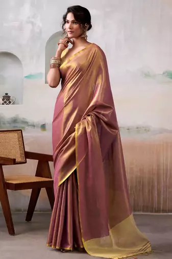 mauve purple & gold-toned solid tissue silk blend shimmer saree