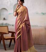 mauve purple & gold-toned solid tissue silk blend shimmer saree