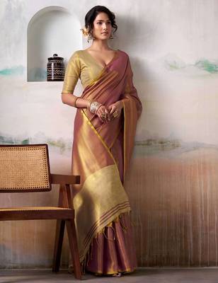 mauve purple & gold-toned solid tissue silk blend shimmer saree 2
