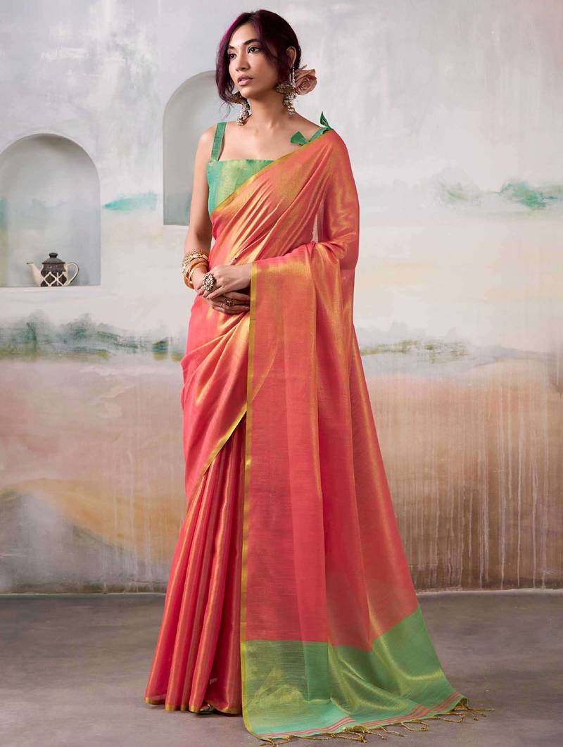 coral peach & green solid tissue silk blend saree with contrast border