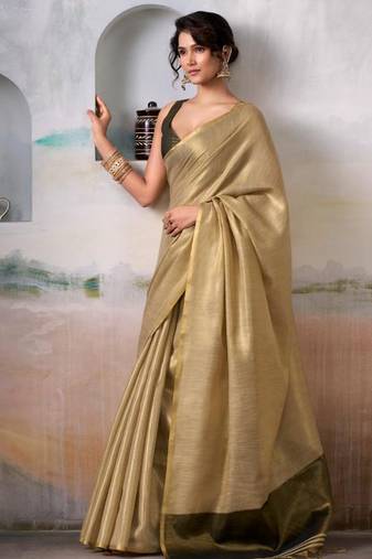 beige & olive green solid tissue silk blend saree with zari border