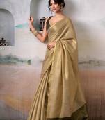 beige & olive green solid tissue silk blend saree with zari border