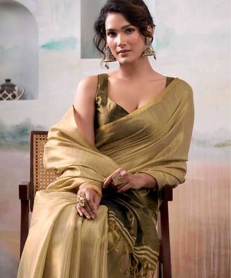 beige & olive green solid tissue silk blend saree with zari border 2