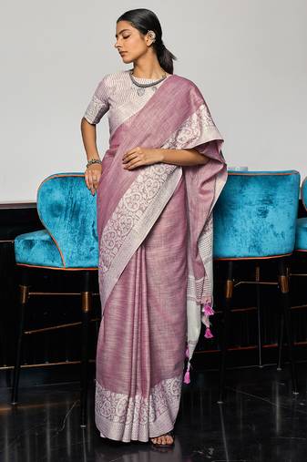 Women mauve purple & silver-toned woven design linen blend saree