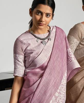 Women mauve purple & silver-toned woven design linen blend saree 4