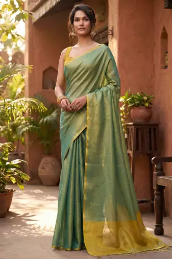 teal green & gold-toned solid tissue silk blend saree with zari border