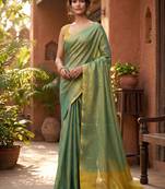 teal green & gold-toned solid tissue silk blend saree with zari border