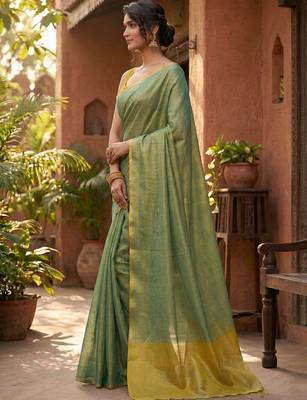 teal green & gold-toned solid tissue silk blend saree with zari border 2