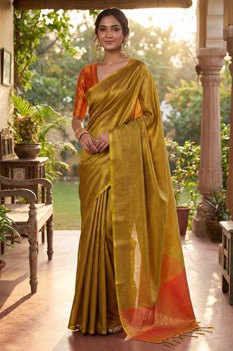 mustard yellow & orange solid tissue silk blend saree with contrast border