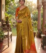 mustard yellow & orange solid tissue silk blend saree with contrast border