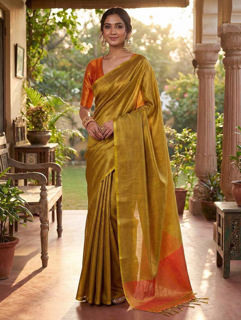 mustard yellow & orange solid tissue silk blend saree with contrast border