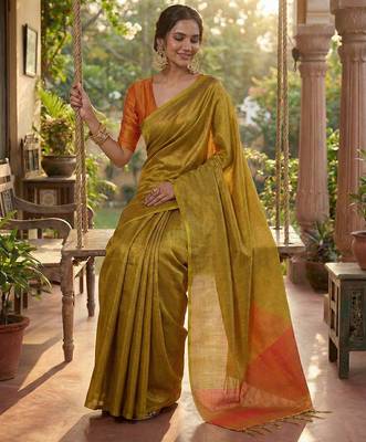 mustard yellow & orange solid tissue silk blend saree with contrast border 2