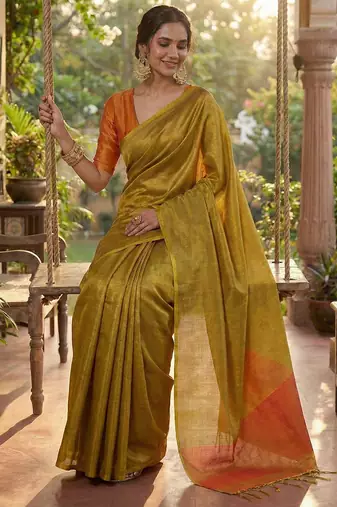 mustard yellow & orange solid tissue silk blend saree with contrast border