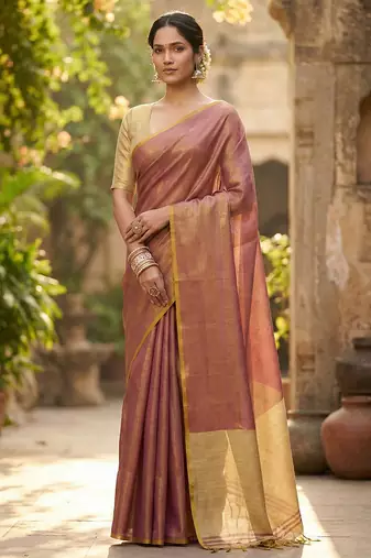 mauve purple & gold-toned solid tissue silk blend shimmer saree