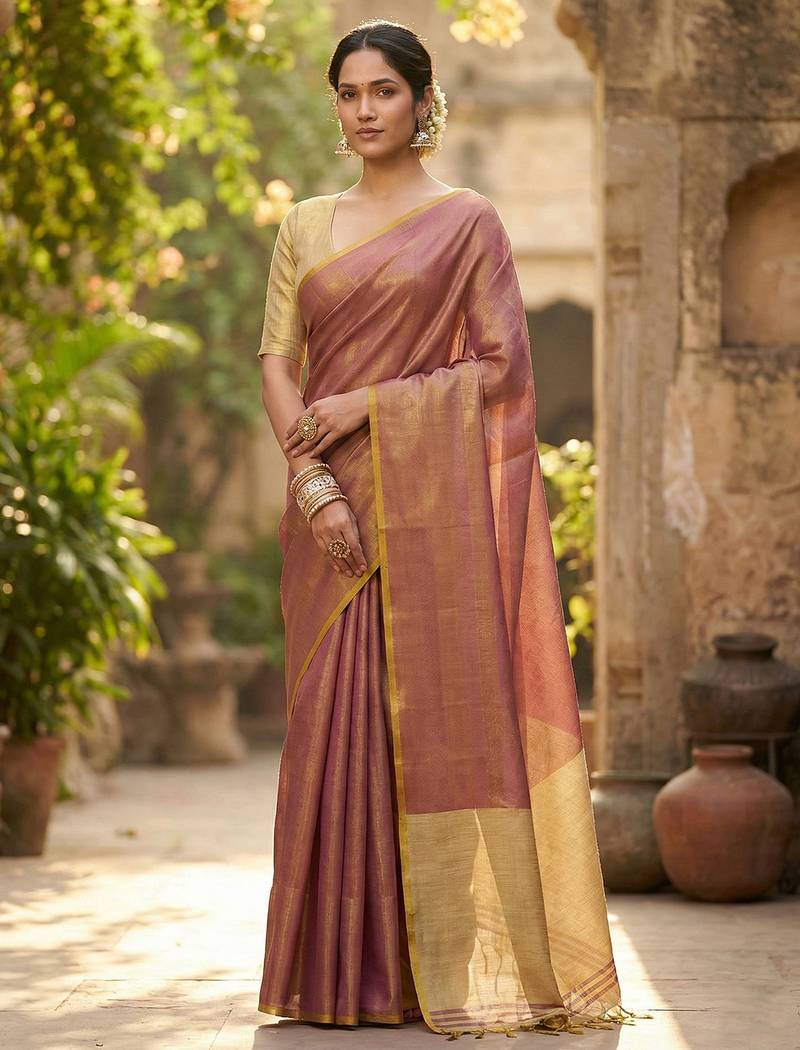 mauve purple & gold-toned solid tissue silk blend shimmer saree