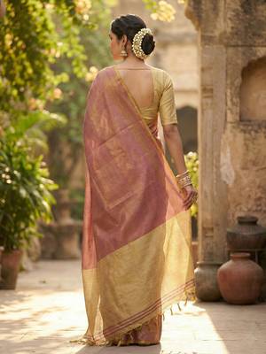 mauve purple & gold-toned solid tissue silk blend shimmer saree 2