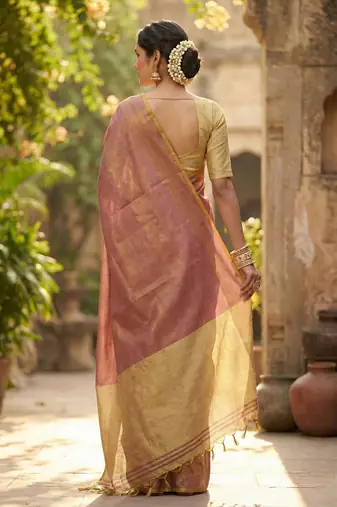 mauve purple & gold-toned solid tissue silk blend shimmer saree