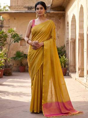 bright yellow & pink solid tissue silk blend saree with zari border 1