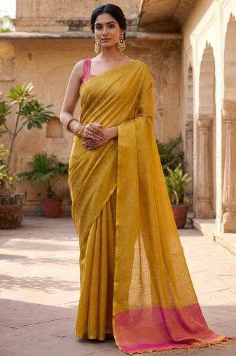bright yellow & pink solid tissue silk blend saree with zari border