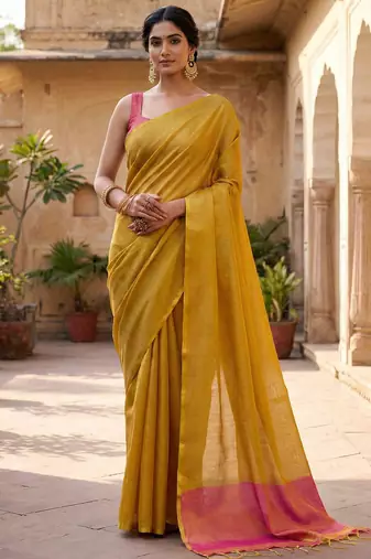 bright yellow & pink solid tissue silk blend saree with zari border