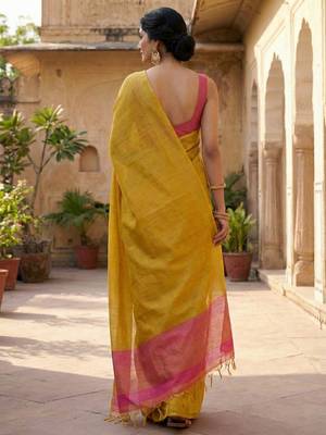 bright yellow & pink solid tissue silk blend saree with zari border 2