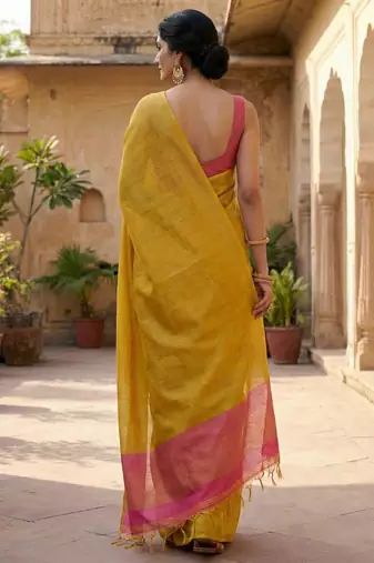 bright yellow & pink solid tissue silk blend saree with zari border