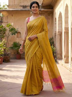 bright yellow & pink solid tissue silk blend saree with zari border 3