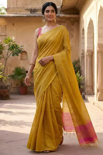 bright yellow & pink solid tissue silk blend saree with zari border
