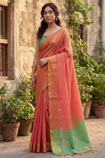 coral peach & green solid tissue silk blend saree with contrast border
