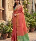 coral peach & green solid tissue silk blend saree with contrast border