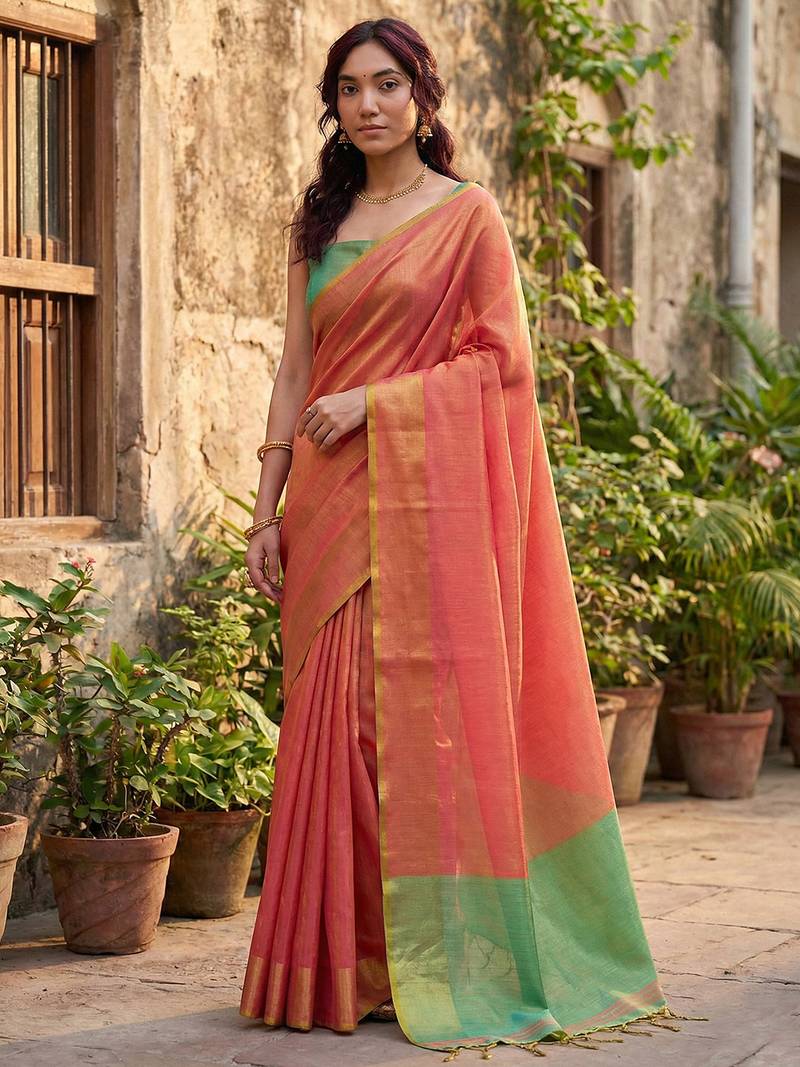 coral peach & green solid tissue silk blend saree with contrast border