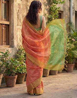 coral peach & green solid tissue silk blend saree with contrast border 2