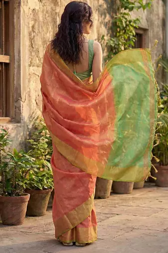 coral peach & green solid tissue silk blend saree with contrast border