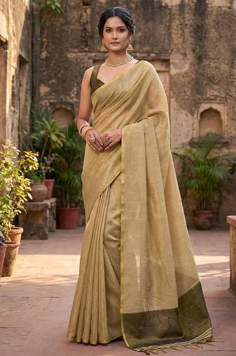 beige & olive green solid tissue silk blend saree with zari border