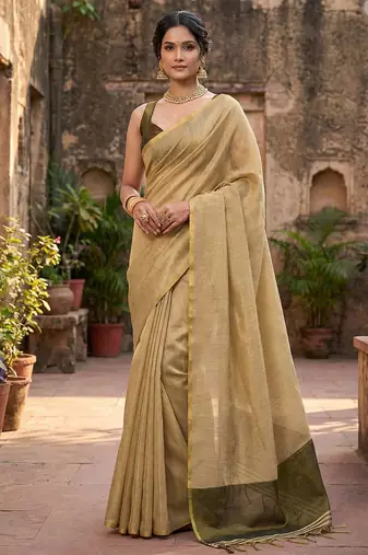 beige & olive green solid tissue silk blend saree with zari border