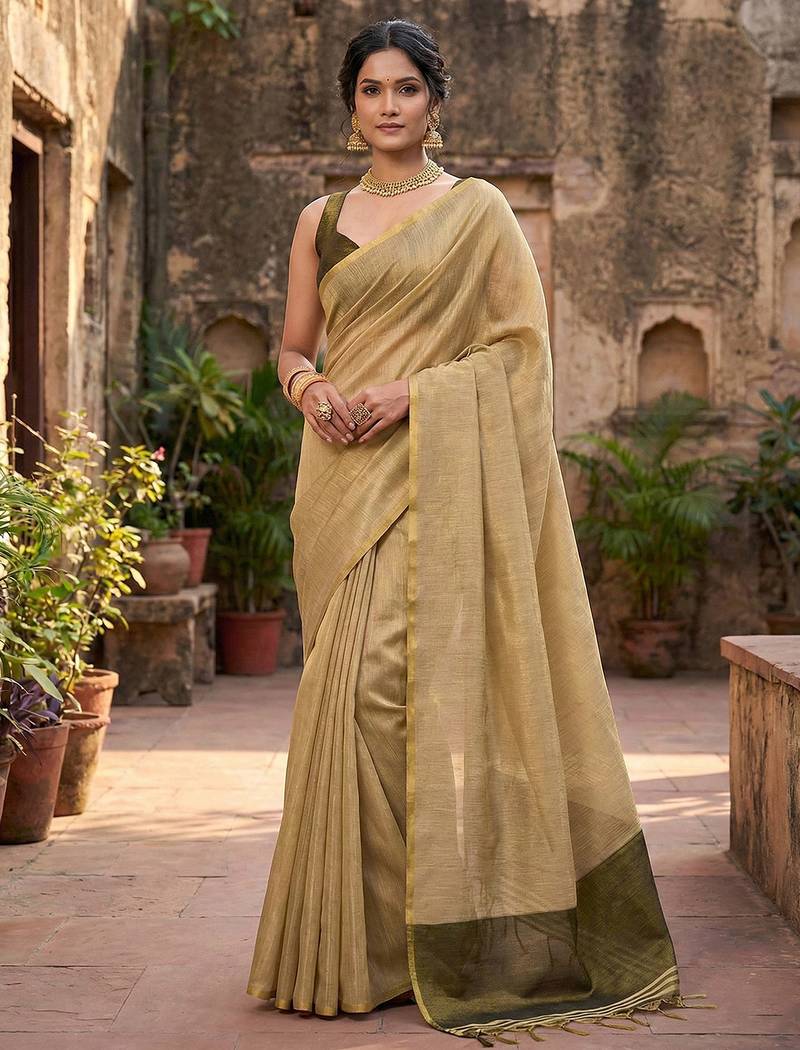 beige & olive green solid tissue silk blend saree with zari border