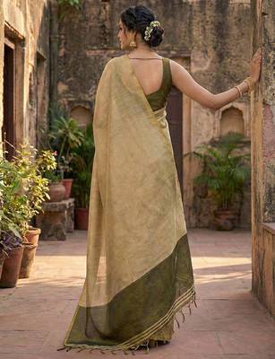 beige & olive green solid tissue silk blend saree with zari border 2