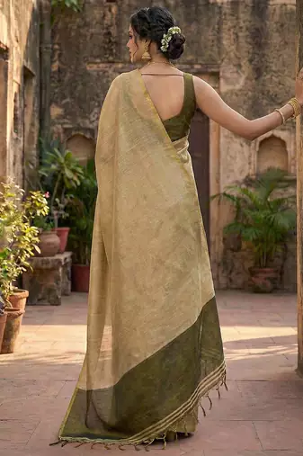 beige & olive green solid tissue silk blend saree with zari border