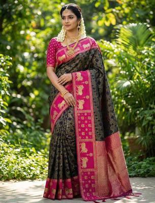 black soft silk blend saree with pink nandi zari temple border 1